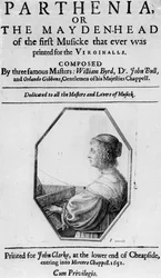 Frontispiece teokselle "Parthenia" tai "The Maiden Head", säveltäjä William Byrd (1543-1623), tohtori John Bull (n. 1562-1628) ja Orlando Gibbons (1583-1625) 1651