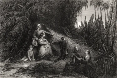 Karenneet upseerit perheineen piiloutumassa violettiin vuonna 1858 julkaistusta "Intian kapinan historiasta"