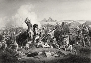 Kenraali Havelockin hyökkäys Nana Sahibin kimppuun Futtyporessa vuonna 1857, vuodelta 1858 peräisin oleva teos "The History of the Indian Mutiny".