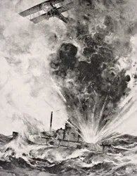 Saksalainen sukellusvene pommitettiin ja upposi 26. elokuuta 1915 Lontoossa 1916 julkaistusta The War Illustrated Album deLuxe -julkaisusta (litho)