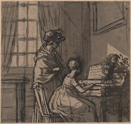 Tyttö klavikordilla, n. 1800 (kynä ja pesu paperille)
