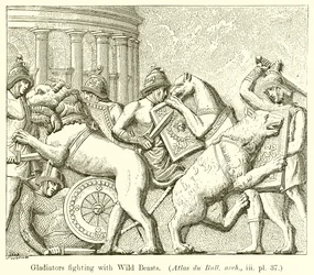Gladiaattorit taistelevat villieläinten kanssa. (Atlas du Bull. arch., iii. pl. 37)