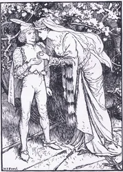 Guenevere lähettää sivunsa Lancelotille avuksi, kuvituksen Longmans Greenin ja Co:n julkaisemasta The Book of Romancesta