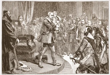 Gustavus Adolphus lähtemässä valtioista, kuvitus James Aitken Wylien (1808-1890) Protestantismin historiasta, pub. 1878
