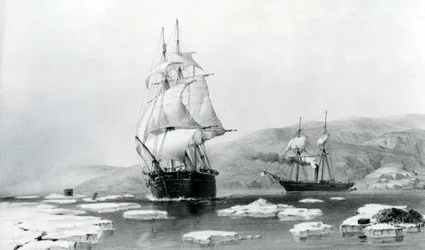 HMS Assistance ja Pioneer murtautumassa talvikorttelista vuonna 1854 (litografia)