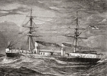 Britannian kuninkaallisen laivaston HMS Inflexible, Invincible Class taisteluristeilijä, kuvitus "Our Own Magazine -lehdestä", julkaissut Children