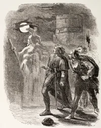 Hamlet, Horatio ja Marcellus näkevät kummituksen, The Illustrated Library Shakespearesta, julkaistu Lontoossa 1890