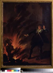 ""Hamlet isänsä haamua päin"" (Hamlet ja isänsä haamu) Kuvitus William Shakespearen (1564-1621) Hamlet-näytelmään Maalausta 1800-luvun alun englantilaisesta koulusta Koko 65x51 cm Pushkin-museo, Moskova