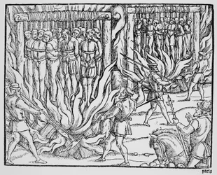 Erilaisten henkilöiden hirttäminen ja polttaminen Henry V:n ensimmäisenä hallitusvuotena (kaiverrus)
