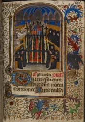 Harley 1251, fol.148 Hautajaispalvelu, jossa arkku on Bedfordin herttuan Johnin käsivarsien peittämä, "Hours of Eleanor Worcester", n. 1430-1440 (vellum)