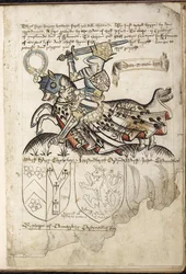 Harley 2169 f. 3 Henrik VI hevosen selässä, vaakuna Henrik VI:n aikana (vellum)