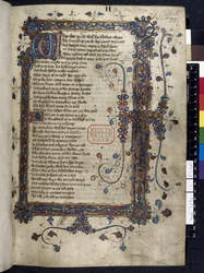 Harley 7334, f.1 valaistu alkukirjain "W", "The Canterbury Tales", kirjoittanut Geoffrey Chaucer, n. 1410 (mustetta, väriä ja kultaa perunakalvolla)