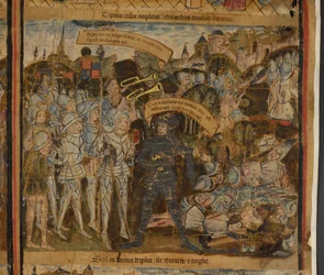 Harley 7353 Edward of York johtaa armeijansa taisteluun, esimerkki "Edward IV:n elämästä" (vellum)