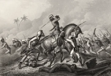 Havelockien kolonna hyökkää kapinoitsijoiden kimppuun Cawnporen edustalla, vuonna 1858 julkaistusta teoksesta 