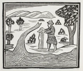 Hän pitää kirjaa ajasta ja tapahtumista, kuvitus John Ashtonin pubista Chap-books of the Eightenth Century. 1882