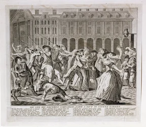 Hän ja hänen humalaiset kumppaninsa nostavat mellakan Covent Gardenissa, 1735