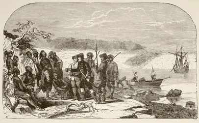 Henry Hudson tarjoaa viinaa intiaaneille vuonna 1609 (litho)