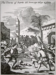 Henry Morgan valloittaa ja ryöstää Puerto de Principen kaupungin Kuubassa vuonna 1668, kuvitus John Esquemelingin teoksesta "The Buccaneers of America", julkaistu 1699 (kaiverrus).