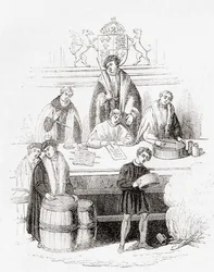 Henry VII:n painojen ja mittojen oikeudenkäynti valtionkassassa vuonna 1497, Vanhasta Englannista: Kuvamuseo, pubi. 1847