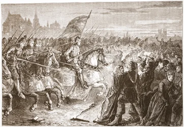 Henry V:n hyökkäys Lollardin luostariin, esimerkki James Aitken Wylien (1808-1890) teoksesta "The History of Protestantism", pub. 1878 (kaiverrus)