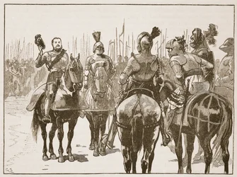 Henry ja vangitut ranskalaiset upseerit, kuvitus Cassells Illustrated History of Englandista (seepiakuva)