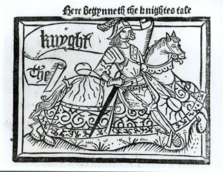 Here Begynneth the Knightes Tale, kuvitus teoksesta The Canterbury Tales, kirjoittaja Geoffrey Chaucer (n. 1345-1400), painanut William Caxton (n. 1422-1491) 1434