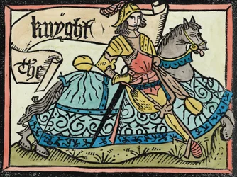Here Begynneth the Knightes Tale, kuvitus Geoffrey Chaucerin (n. 1345-1400) teoksesta The Canterbury Tales, painaja William Caxton (n. 1422-1491) 1434 (myöhempi väritys)