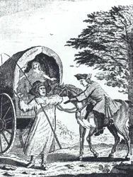Valtatiemies John Cottington ryöstää armeijan palkkavaunun Shotover Hillillä (kaiverrus)