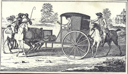 Valtatiemiehet James MacLaine ja William Plunkett ryöstävät Eglintonin jaarlin Hounslow Heathissa 26. kesäkuuta 1750 (kaiverrus)