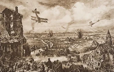Holding up a German Attack, Armentieres, Belgia, esimerkki H.G. Wellsin teoksesta The Outline of History, osa II, julkaistu vuonna 1920