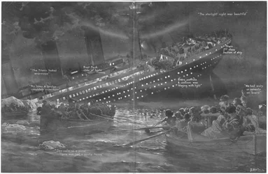 Kuinka Titanic vähitellen upposi keulaan ensimmäisenä valojensa palaessa viimeiseen, pallosta, 27. huhtikuuta 1912