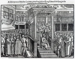 Hugh Latimer (n. 1485-1555) saarnaa ennen kuningas Edward VI:tä (1537-53) Westminsterissä vuonna 1547, John Foxen (1516-87) teoksista ja muistomerkeistä 1563