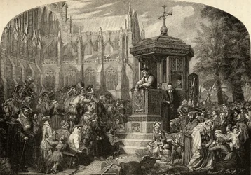 Hugh Latimer (n. 1485-1555) saarnaa viranomaisille Pyhän Paavalin ristillä vuonna 1548