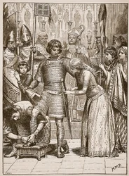 Vihkiminen ritarikunnan ritarikuntaan, kuvitus Cassells Illustrated History of Englandista (seepiakuva)