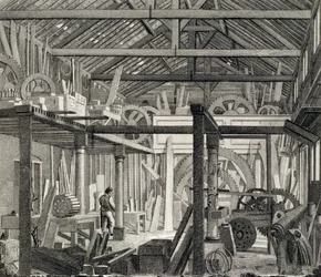 Sisäkuva John Bunyans Meeting Housesta Zoar Streetillä, Gravel Lane, Southwark, työpaja ja saha, n. 1822 (katso myös 190619)