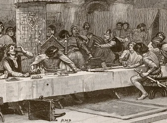 Keskeytys Balliols Christmas Dinner, kuvitus Cassells Illustrated History of Englandista (seepiakuva)