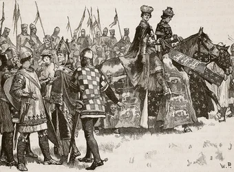 Becketin ja kuningas Henryn haastattelu, kuvitus Cassells Illustrated History of Englandista (seepiakuva)