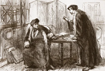 Erasmuksen ja Calvinin haastattelu, kuvitus James Aitken Wylien (1808-1890) Protestantismin historiasta, pub. 1878