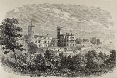 Isle of Wight. Osborne House, kuningatar Victorian kesäasunto. Kuvitus vuodelta 1880