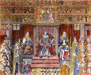 James I Englannista (1566-1625) Courtissa, (kaiverrus) (myöhempi väritys)