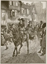 James saapumassa Dubliniin Boynen taistelun jälkeen, kuvitus Cassells Illustrated History of Englandista (seepiakuva)