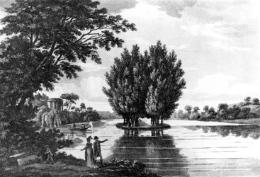Jean-Jacques Rousseaun (1712-78) hauta Ermenonvillessä, urheilukiertueesta läpi Ranskan kirjesarjassa eversti Thomas Thorntonin Earl of Darlingtonille, julkaistu 1806 (bw kuva