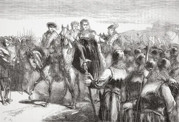 Jeanne DAlbret, Navarran kuningatar, puhuttelee hugenottisotilaita, kuvitus James Aitken Wylien (1808-1890) teoksesta The History of Protestantism, pub. 1878