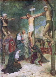 Jeesus ristillä, Thomas Nelsonin julkaisemasta Raamatun kuvakirjasta, n. 1950 (värilitografia).