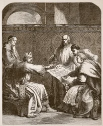 John kieltäytyy allekirjoittamasta Baronien artikkeleita, kuvitus Cassells Illustrated History of Englandista (seepiakuva)