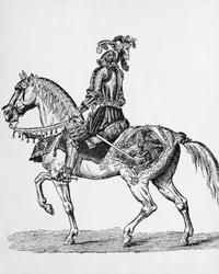 Ritari hevosen selässä 1400-luvun juhlapuvussa