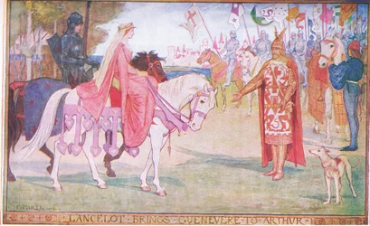 Lancelot tuo Gueneveren Arthurille, kuvituksen Longmans Greenin ja Co:n julkaisemasta The Book of Romancesta