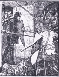 Lancelot tulee ulos Gueneveren huoneesta, kuvitus Longmans Greenin ja Co:n julkaisemasta The Book of Romancesta