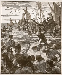 Roomalaisten maihinnousu Kentin rannikolla, kuvitus Cassells Illustrated History of Englandista (seepiakuva)