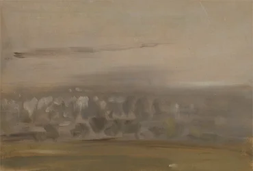 Maisema puiden kanssa rinteessä (metsäinen laakso, nähtynä sumun läpi), jonka aiemmin katsottiin olevan J.M.W. Turner (1775-1851) ja myös Peter de Wint (1784-1849) (öljy paperille)